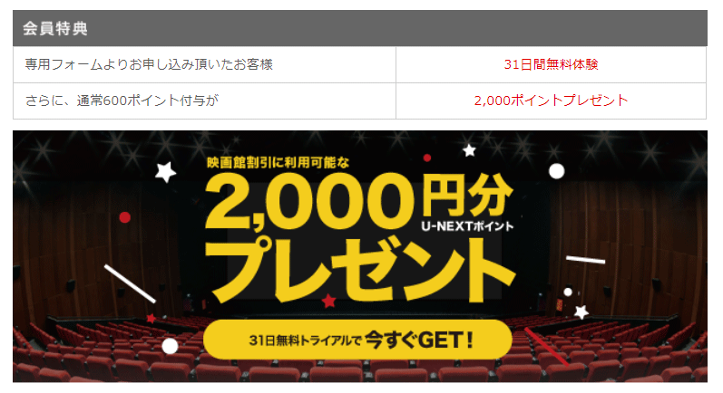 U-NEXT無料トライアル2000円